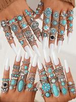 Boho Style Turquoise Texture Rings Set, Vintage Style Rings, Fashion Accessories for Women & Girls, Trendy All-match & Exquis...