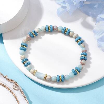 Natural Lava Rock & Synthetic Aqua Terra Jasper & Natural Aquamarine Beads Strethch Bracelets