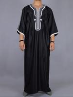 Men's Embroidered Contrast Binding Kaftan, Casual Notched Neck Batwing Sleeve Long Kaftan, Fashion Men's Islamic Clothing, N...