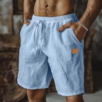 Cotton Linen Patched Shorts with Drawstring Elastic Waist Straight Leg Solid Color Breathable Casual Beach Shorts Comfortable...