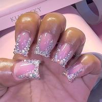 Short Square Fake Nail, 24pcs/set Glitter Rhinestone Decor Press on Nails with Nail File & Jelly Glue, Removable Full Cover A...