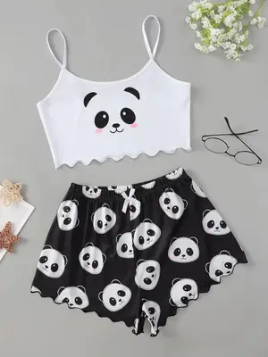 Two Counts Women's Cartoon Panda Print Lettuce Trim Cami Top & Elastic Waist Shorts Pyjama Set, Summer Clothes Women, Casua...