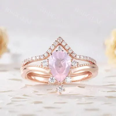 0.8 Carat Rose Gold Rose Quartz Engagement Ring Set Diamond Matching Band