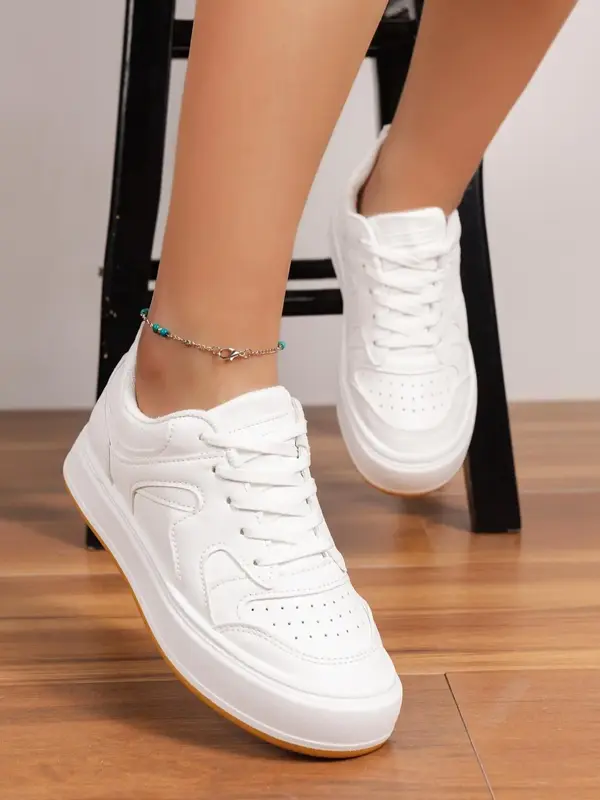 Women's Fashion Plain Two-tone Lace-up Casual Trainers, Simple Design All-match Colorblock Round Toe Skate Shoes, Outdoor Spo...