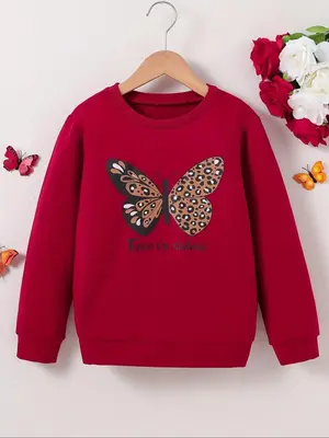 Girl's Butterfly Print Crew Neck Sweatshirt, Casual Long Sleeve Pullover for Spring & Fall, Kids Clothes for Daily Wear