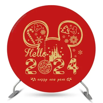 Aperturee Red Mouse Hello 2024 Round Happy New Year Backdrop | New Year Photo Booth Ideas | Happy New Year Decoration | New Y...