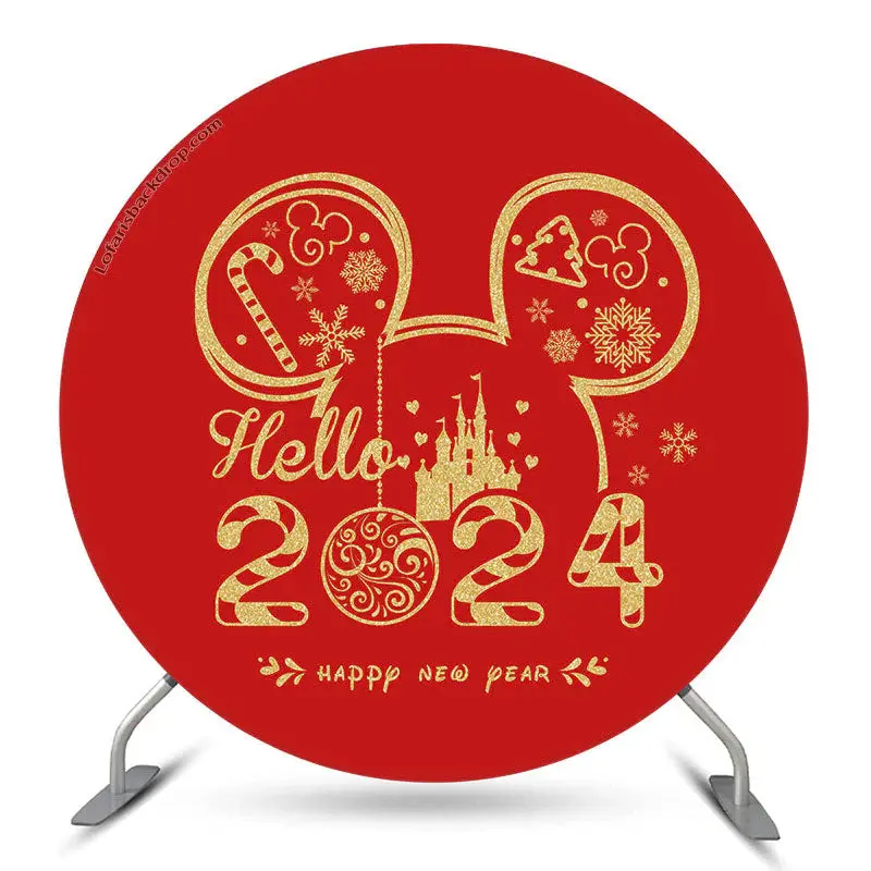 Aperturee Red Mouse Hello 2024 Round Happy New Year Backdrop | New Year Photo Booth Ideas | Happy New Year Decoration | New Y...