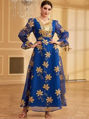 Arabic Clothing-Floral Embroidery Contrast Mesh Belted Tiered Layer Dress, Contrast Sequin Elegant Long Sleeve Round Neck A L...