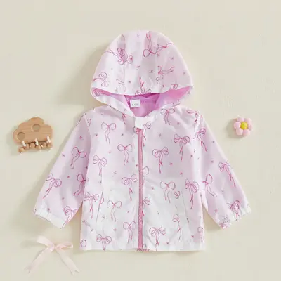 Toddler Baby Girls Jacket Bowknot Print Zipper-Up Hooded Long Sleeve Coat Fall Kids Clothes Outerwear 6M-4T