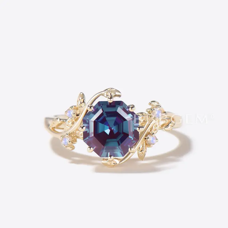 Octagon Color-change Alexandrite Moonstone Leaf Nature Inspired Engagement Ring