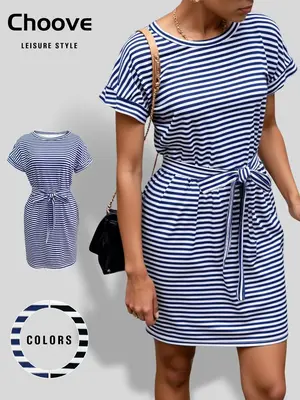 Women's Striped Print Tie Front Dress, Summer Outfits 2024, Summer Clothes Women, Casual Pocket Short Sleeve Knee Length Dr...