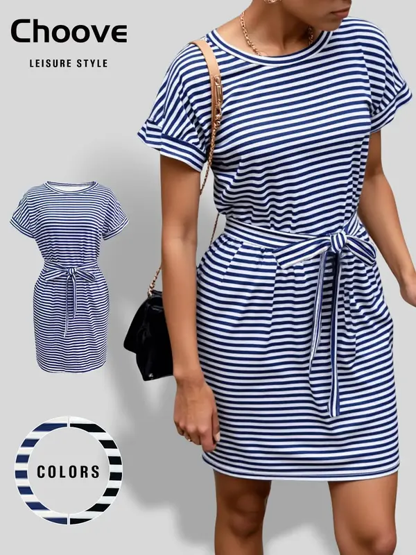 Women's Striped Print Tie Front Dress, Summer Outfits 2024, Summer Clothes Women, Casual Pocket Short Sleeve Knee Length Dr...
