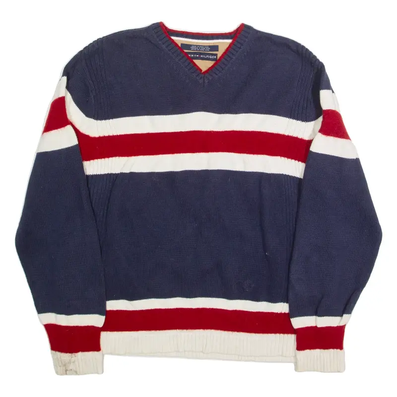 TOMMY HILFIGER Mens Patterned Jumper Blue Striped Tight Knit Wool M