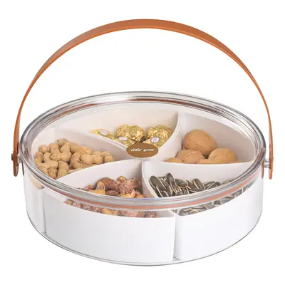 Divided Serving Tray with Lid and Handle, Stackable Snackle Box Container for Fruits Candy Organizer, Portable Spinning Round...