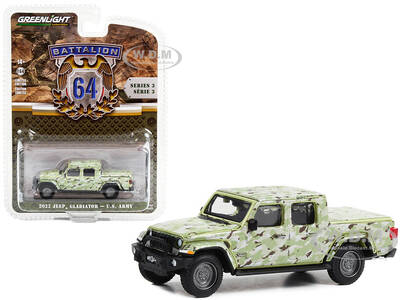 2022 Jeep Gladiator Pickup Truck U.S. Army Military-Spec Camouflage Battalion 64 Series 3 1/64 Diecast Model Car by Green...