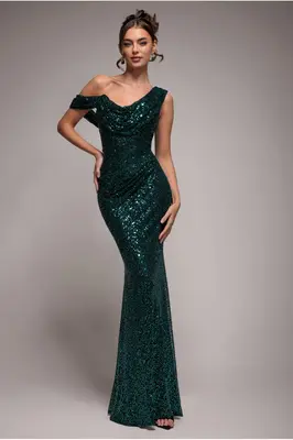 Goddiva Sequin Cowl One Shoulder Maxi Dress - Emerald Green
