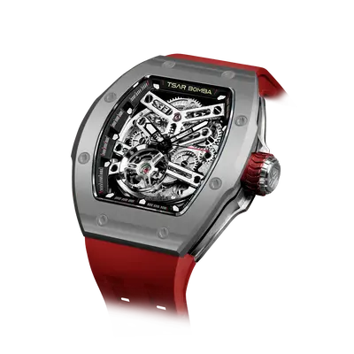 TSAR BOMBA Men's Automatic Watch | Grey Red | Skeleton Mechanical Wristwatch | Stainless Steel Case | 5ATM Waterproof Luxury ...