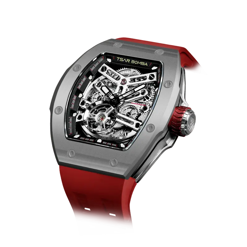 TSAR BOMBA Men's Automatic Watch | Grey Red | Skeleton Mechanical Wristwatch | Stainless Steel Case | 5ATM Waterproof Luxury ...