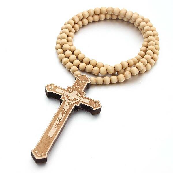 Wood Cross Pendant Necklace with Round Beaded Chains for Men Women