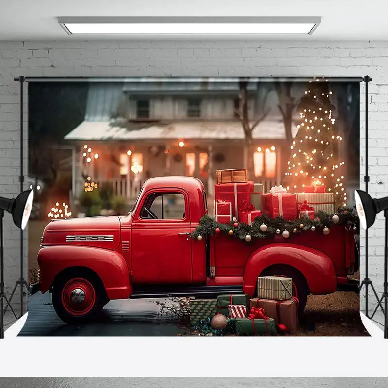 Red Car Gifts Trees Bokeh House Christmas Backdrop