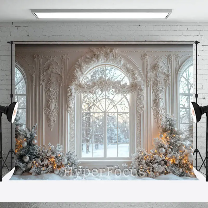 White Vintage Window Snowy Scene Christmas Backdrop - Aperturee