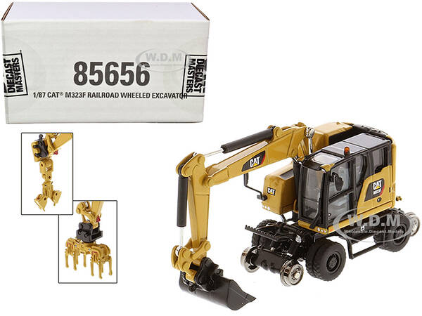 CAT Caterpillar M323F Railroad Wheeled Excavator with 3 Accessories (CAT Yellow Version) High Line Series 1/87 (HO) Diecast M...