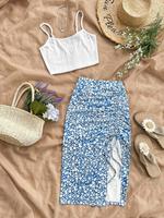 Women's Solid Crop Cami Top & Ditsy Floral Print Skirt Two-piece Set, Casual Fashion Cozy Bohemian Two Piece Set for Daily Ou...