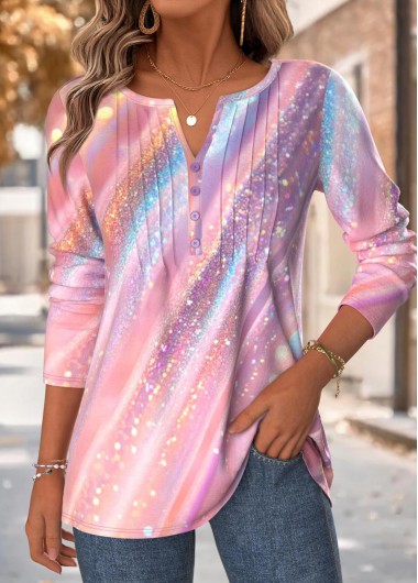 Modlily Light Pink Tummy Coverage Dazzle Colorful Print T Shirt - L