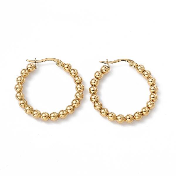 201 Stainless Steel Round Beaded Hoop Earrings with 304 Stainless Steel Pins for Women