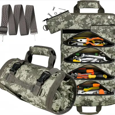 Roll Up Tool Bag, Portable Tool Organizer Bag with 2 Detachable Zipper Pouch, Compact Small Carrier Bag for Electrician Mecha...