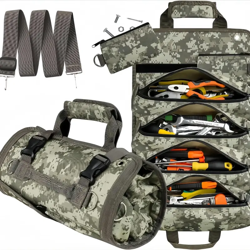 Roll Up Tool Bag, Portable Tool Organizer Bag with 2 Detachable Zipper Pouch, Compact Small Carrier Bag for Electrician Mecha...