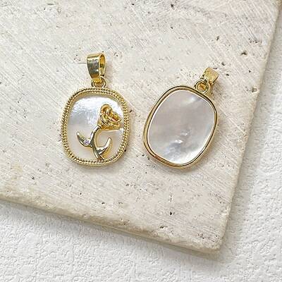 Brass Pave White Shell Oval Pendants