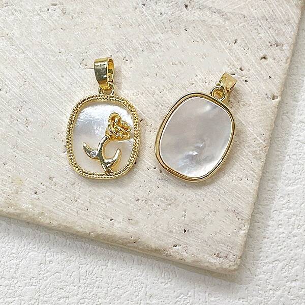 Brass Pave White Shell Oval Pendants