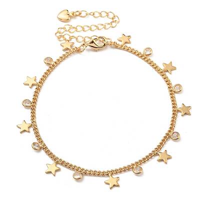 Brass Star & Glass Flat Round Charm Bracelets with Curb Chains