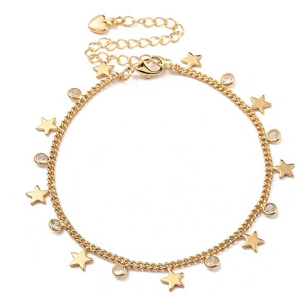 Brass Star & Glass Flat Round Charm Bracelets with Curb Chains