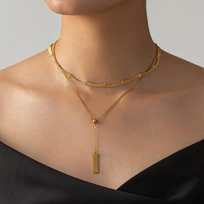 2Pcs Geometric Stainless Steel Rectangle Pendant Necklace Sets for Women
