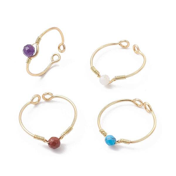 Copper Wire Wrapped Natural & Synthetic Gemstone Open Ring