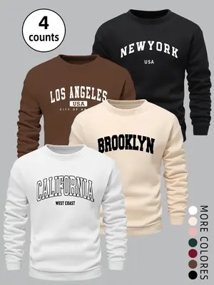 Men's Fall Winter Casual Round Neck Sweatshirt Set, American Retro Style, Loose Fit, Thick Fabric, New York Letter Print Desi...