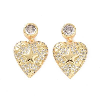 Clear Cubic Zirconia Heart with Star Dangle Stud Earrings
