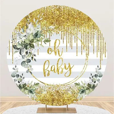 Aperturee Round Glitter Yellow Oh Baby Stripe Baby Shower Backdrop | Circle Background For Party | Round Party Backdrop | Cir...