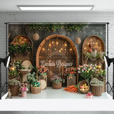 Retro Brown Acrh-Door Floral Easter Photo Backdrop - Aperturee