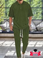 Men's Textured Drop Shoulder Collared Tee & Drawstring Waist Pants Two-piece Set,  Casual Fashion Cozy Shortsleeve Polo Shirt...