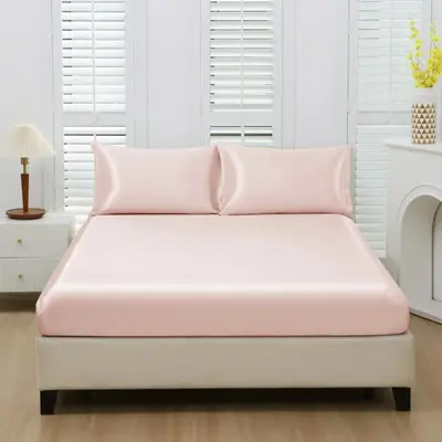 Solid Color Satin Fitted Sheet Set, 3 Counts/set Including 1 Count Fitted Sheet & 2 Counts Pillowcase without Filler, Soft Br...