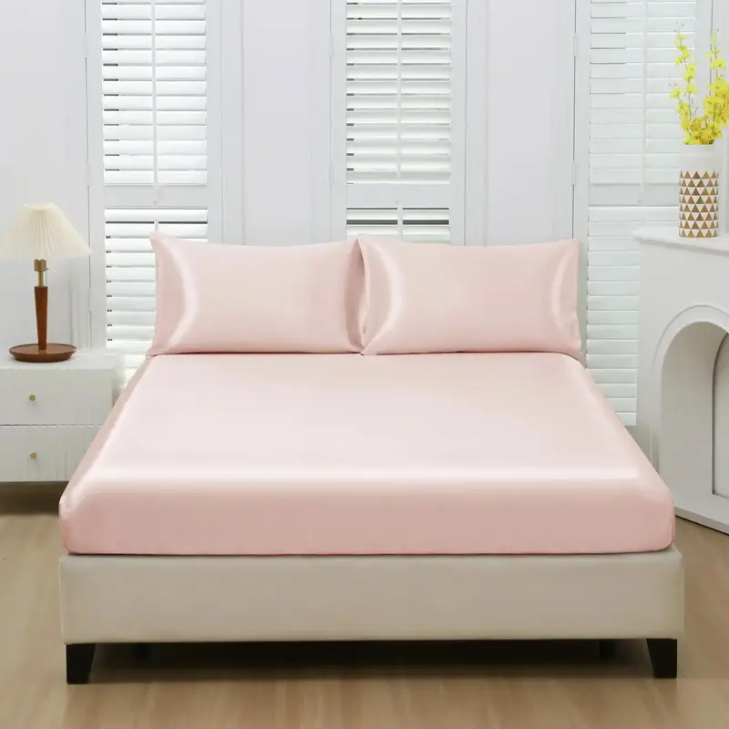 Solid Color Satin Fitted Sheet Set, 3 Counts/set Including 1 Count Fitted Sheet & 2 Counts Pillowcase without Filler, Soft Br...