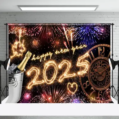 Aperturee Shiny 2025 New Years Eve Celebration Clock Holiday Backdrop - Aperturee