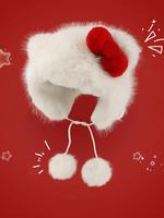Cute Cat Ear Design Pom Pom Decor Plush Hat, New Style Bowknot Design Warm White Hat for Fall & Winter, Fashion Accessories f...