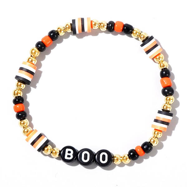 Adjustable Halloween Punk Style BOO Polymer Clay & Brass Stretch Beaded Bracelets in Black