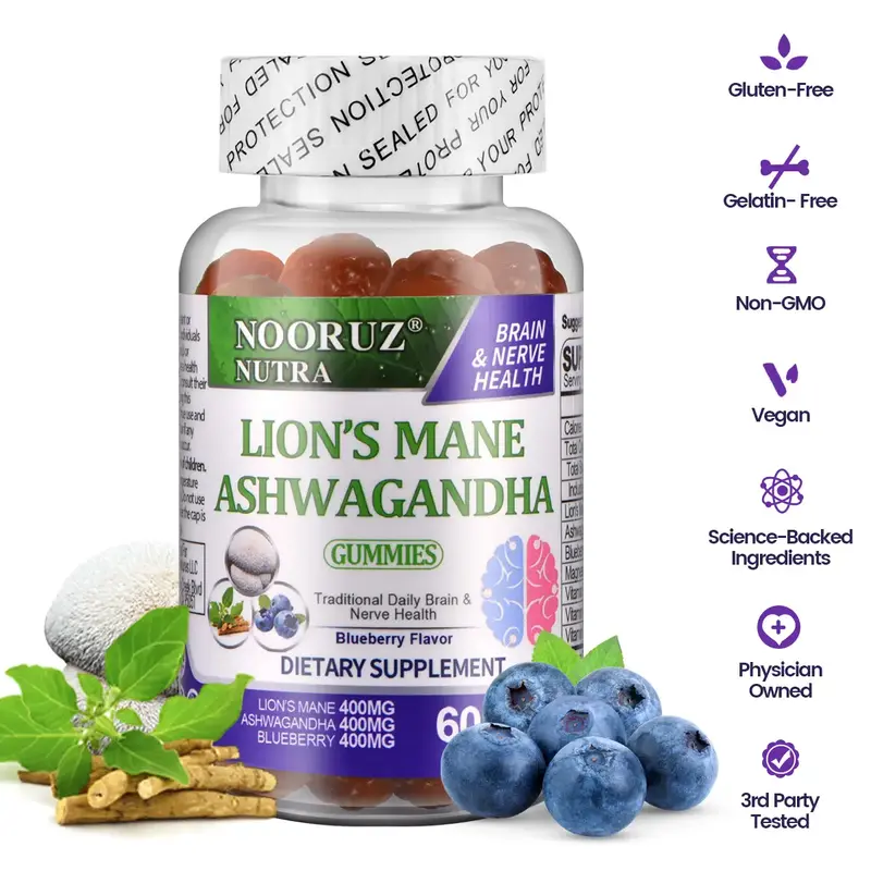 NOORUZ 3-in-1 Lion's Mane/Ashwagandha/Blueberry Gummies Vegan Plant Extracts/Non-GMO/Gluten-Free/Supports Cognitive and Memor...