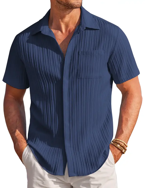Coofandy Men's Casual Button Down Shirt - Navy Blue Textured Short Sleeve Fitted Collared Neck Summer Beach Top for Men - Can...