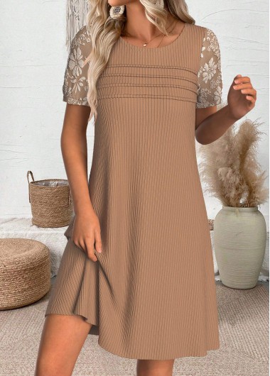 Modlily Light Coffee Short Round Neck Dress - L